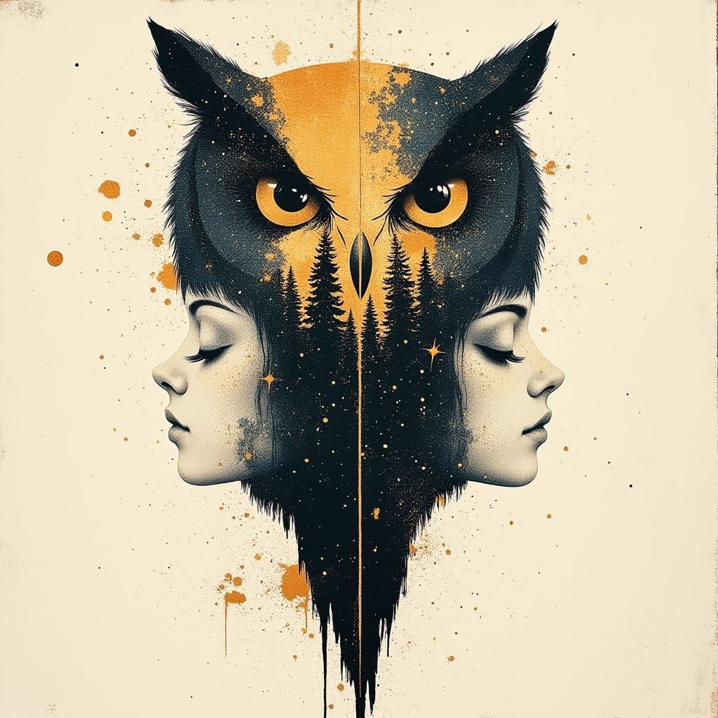 Tattoo Illustration of an Owl Merging with a Forest Landscap...