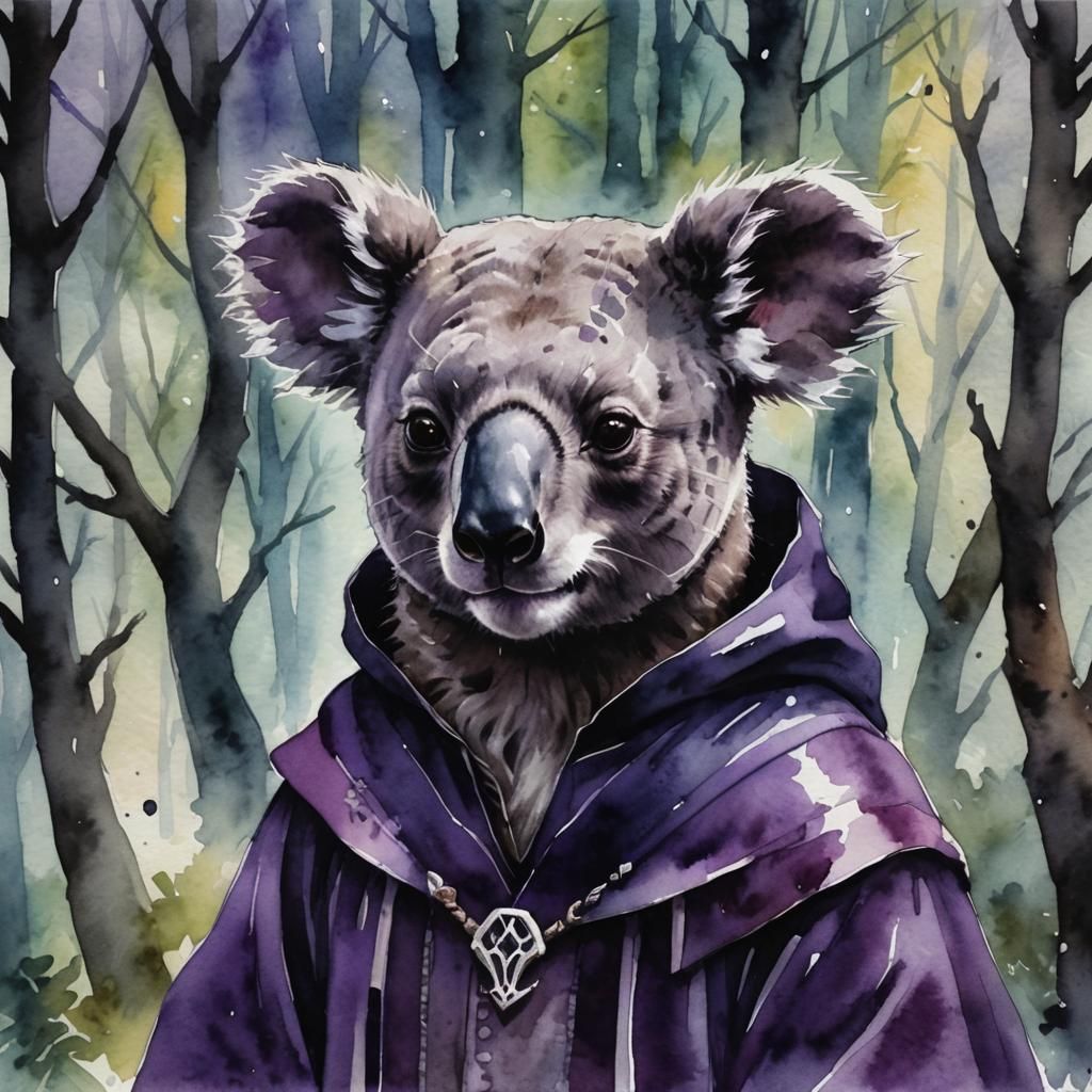 Evil Koala Warlock Portrait in Watercolor Style