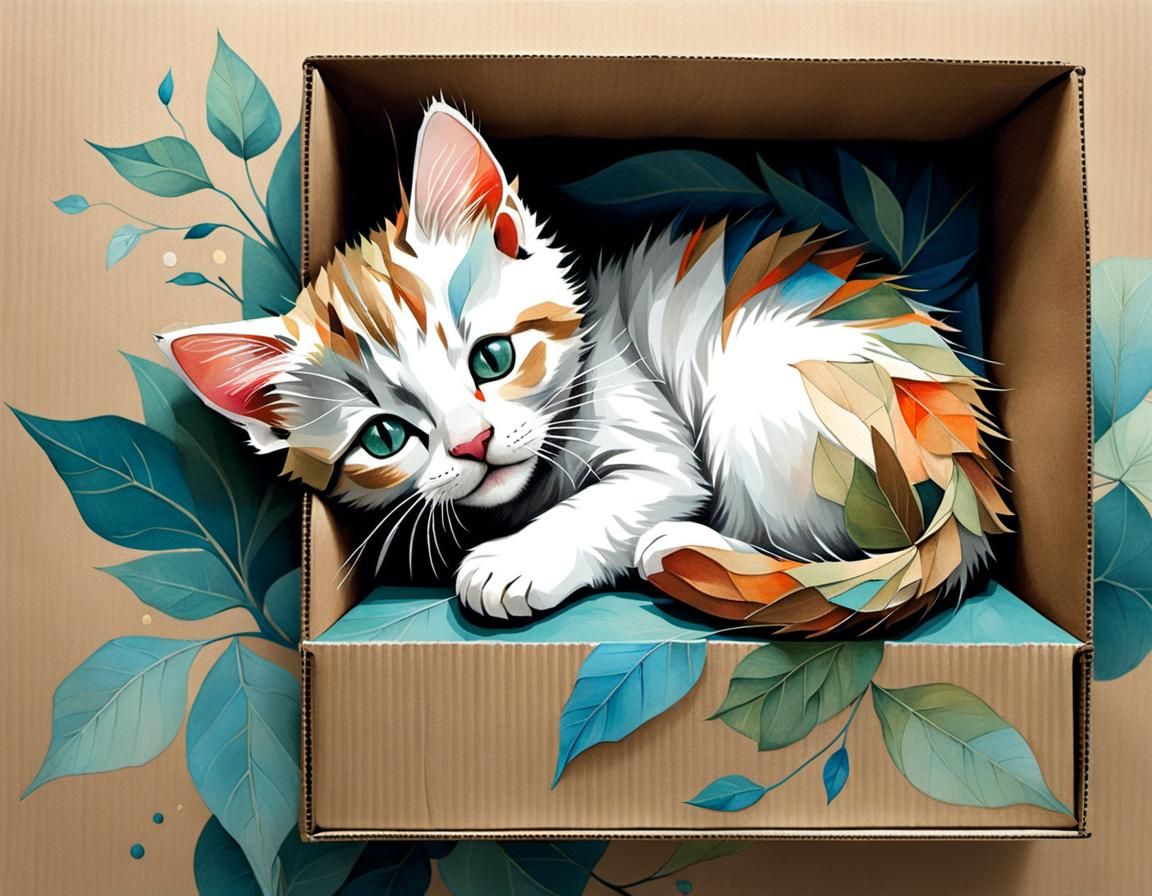 Kitten Asleep in Box: Whimsical Cubist Illustration