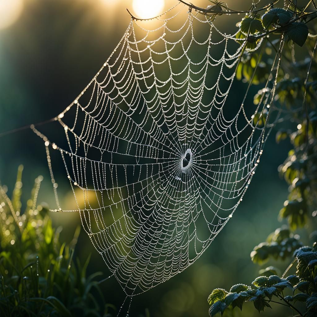 Dew-Kissed Spiderweb in Dreamy Morning Light