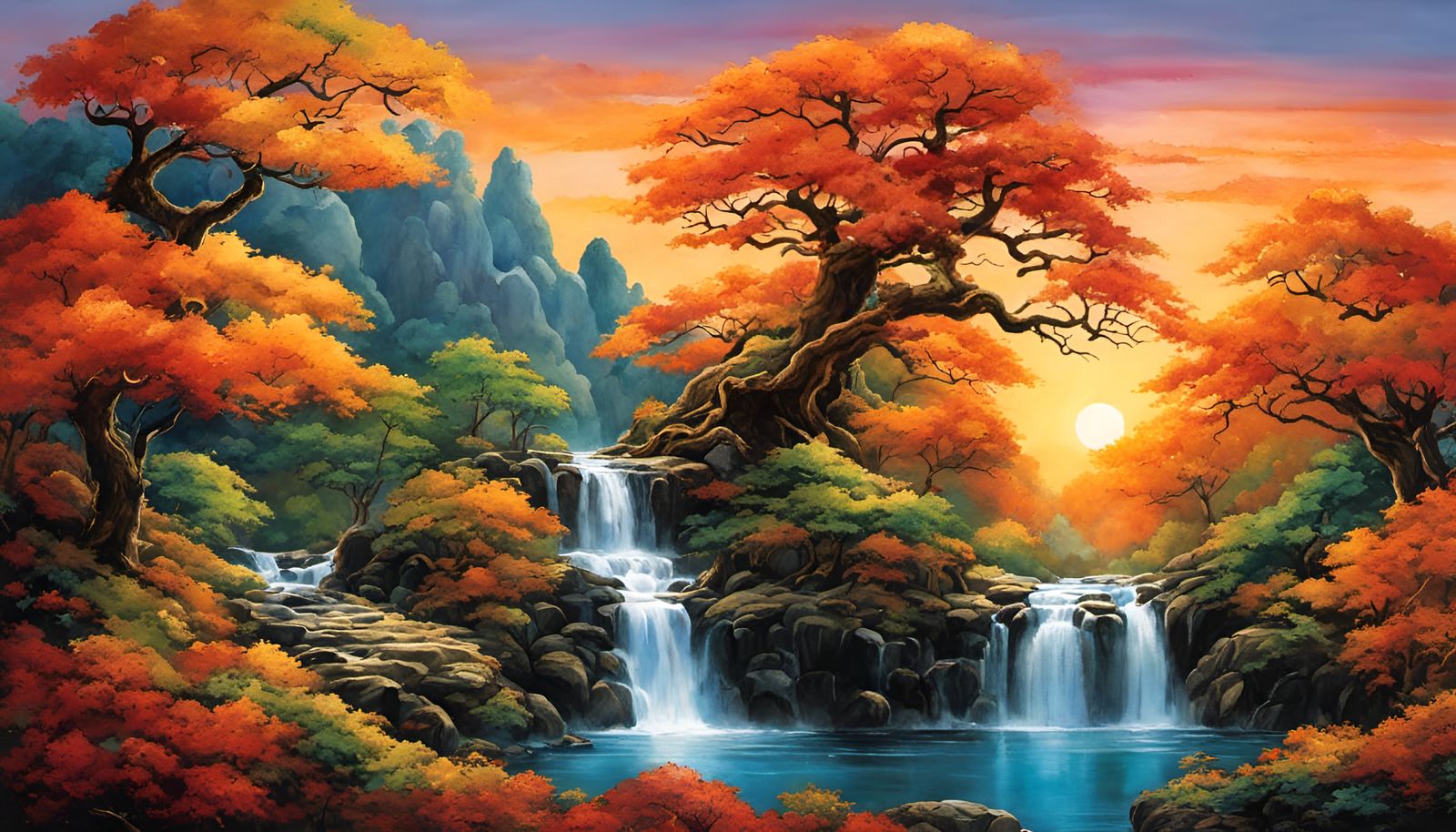 Lush Autumn Sunset with Cosmic Moon, Watercolor Style