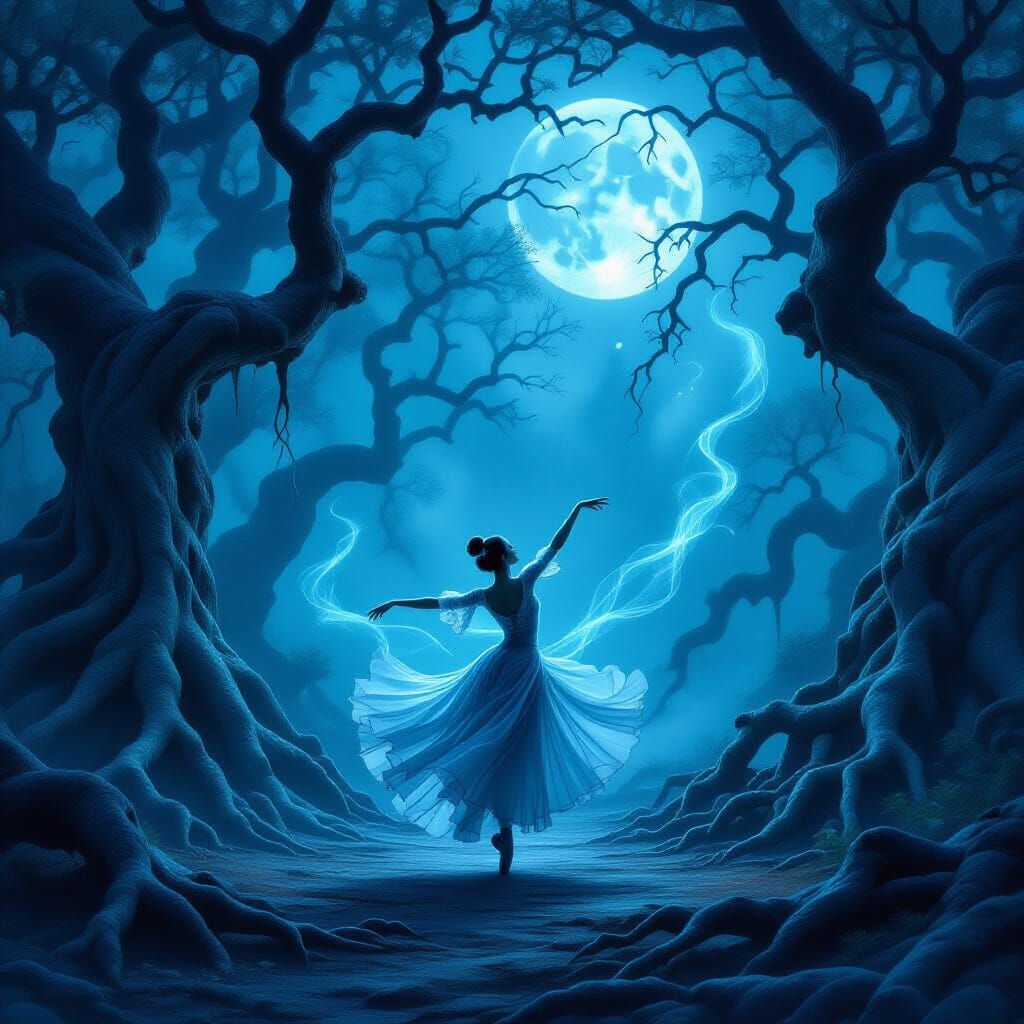 Eerie Ballerina Dance in Grotesque Moonlit Forest