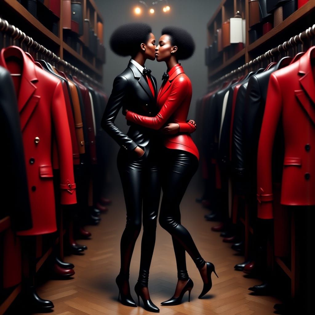 Chic Women Embrace in a Leatherwear Boutique