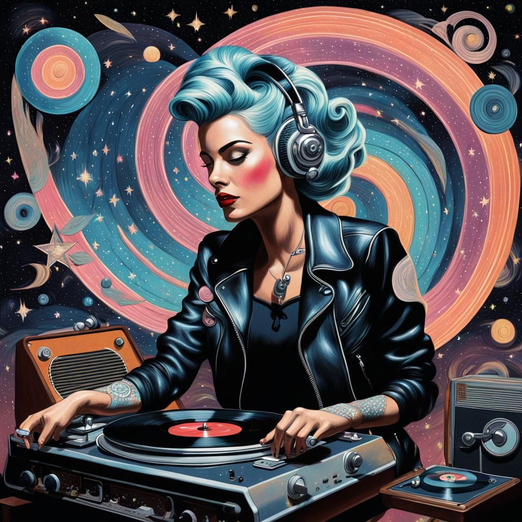 Rockabilly Girl Playing Records: Retro-Futuristic Illustrati...