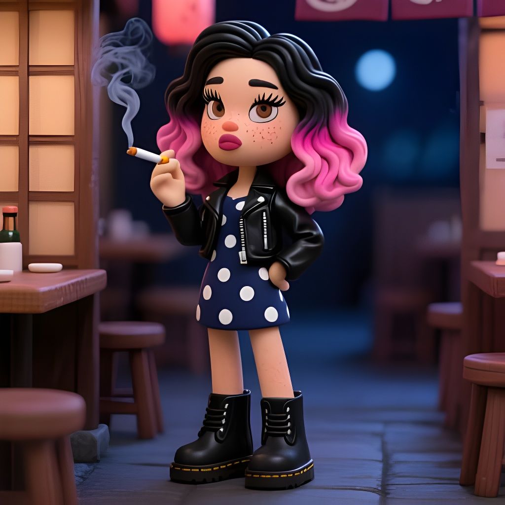 Claymation Woman in Leather Jacket Smoking in Izakaya