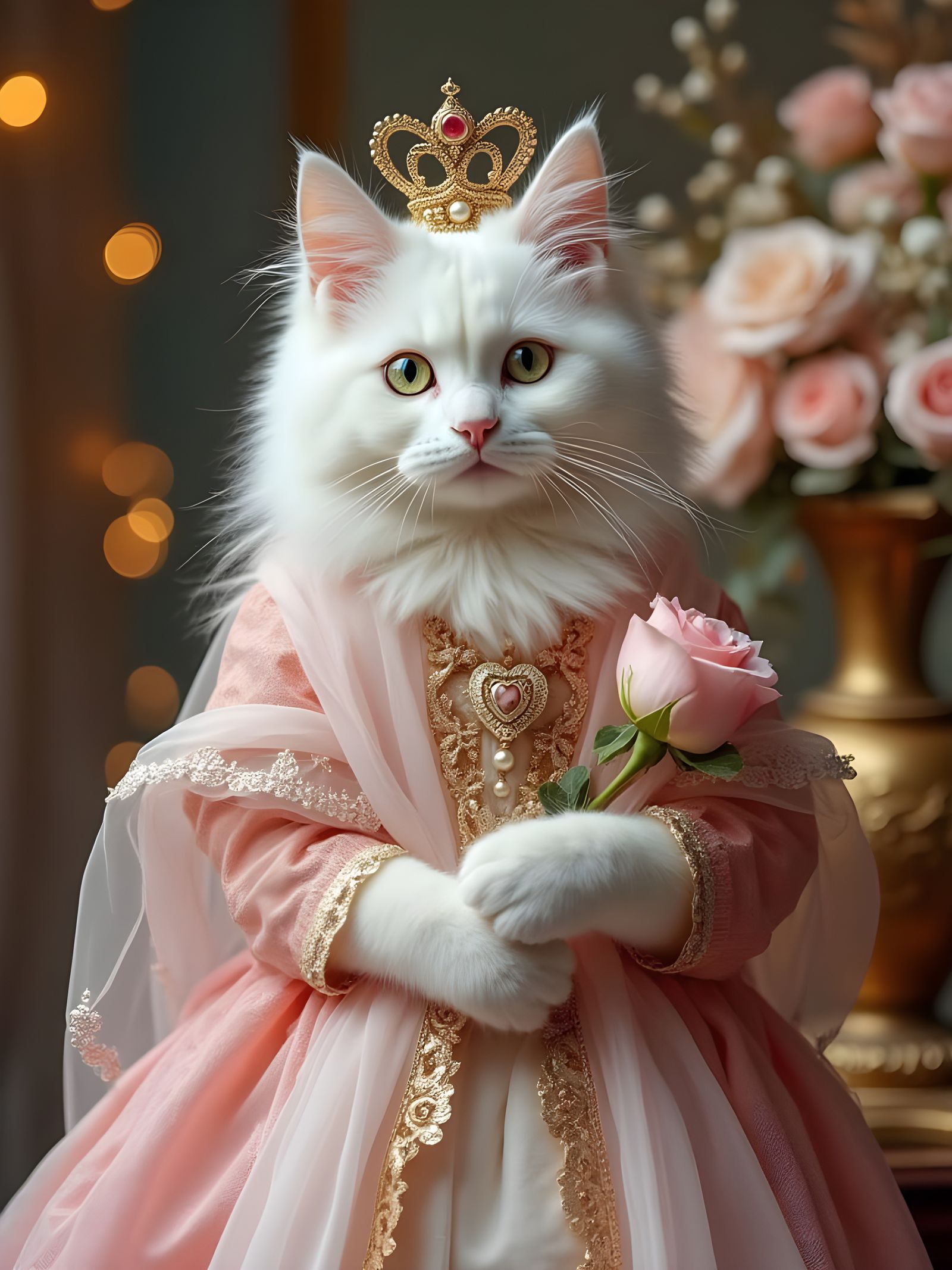 Elegant White Cat in Royal Portrait Style with Pearls and La...