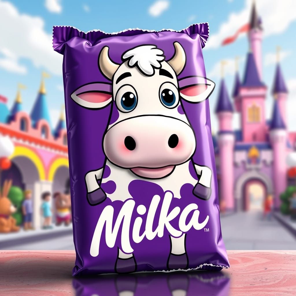 Chocolate milka purple packaging torn with milka inscription in white letters and a white purple cow on the packaging wi...