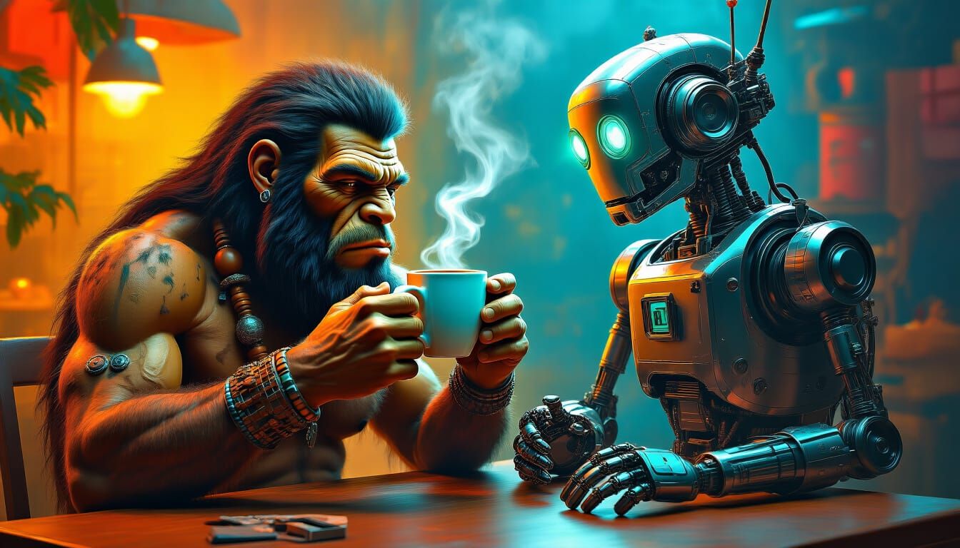 Caveman and Robot Share Coffee in Surrealist Scene