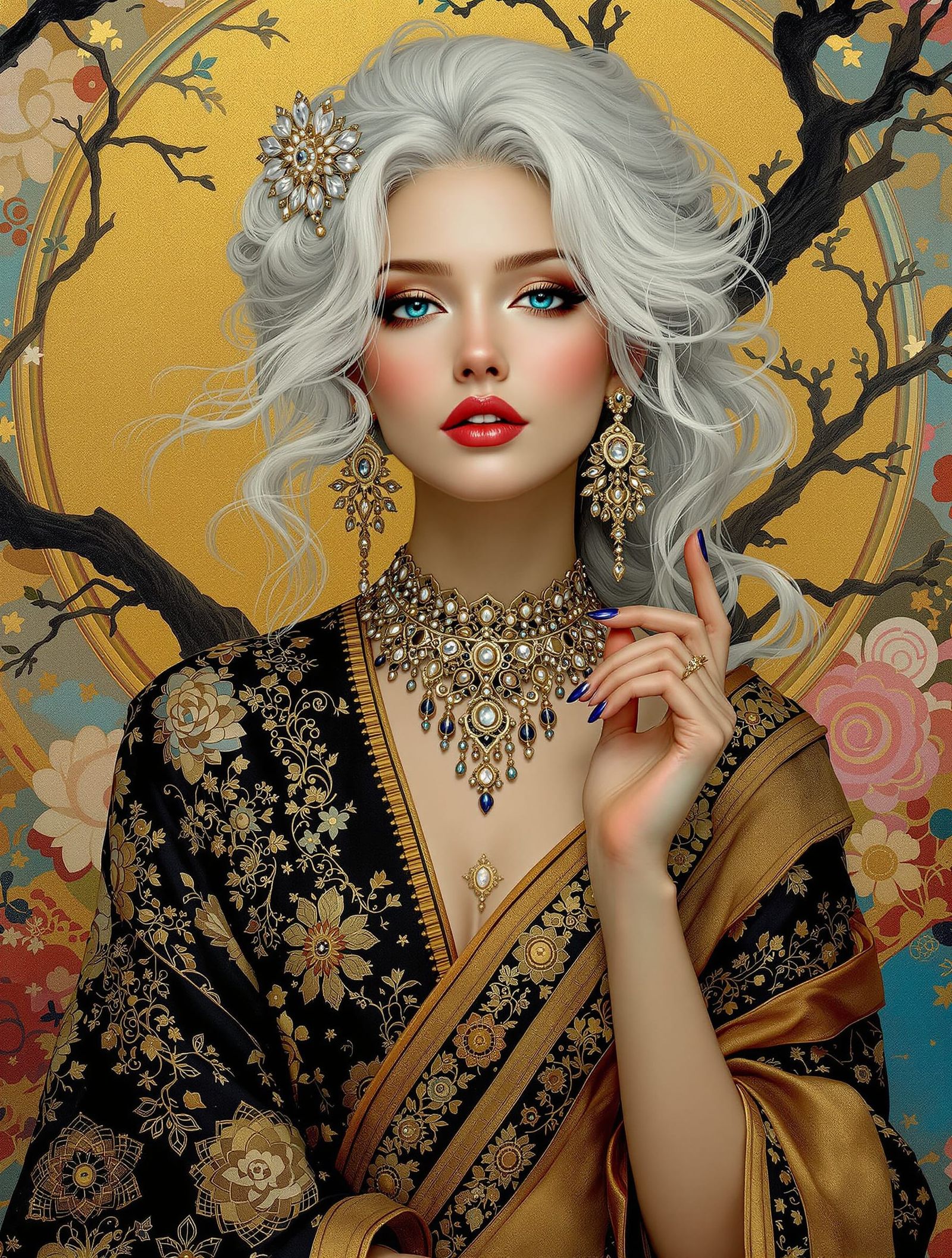 Enigmatic Japanese Woman in Klimt Inspired Ornate Portrait