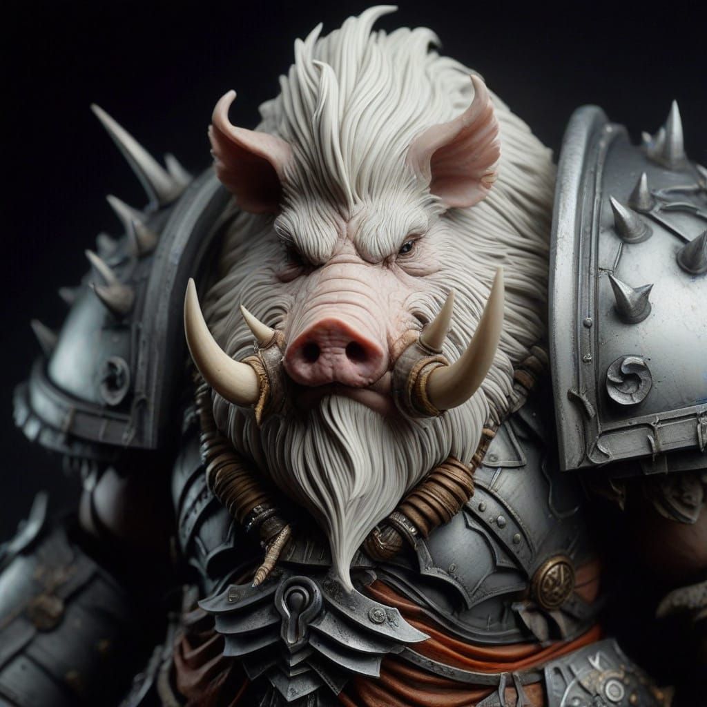 Armored Albino Pig-Warboss in Dark Fantasy Style