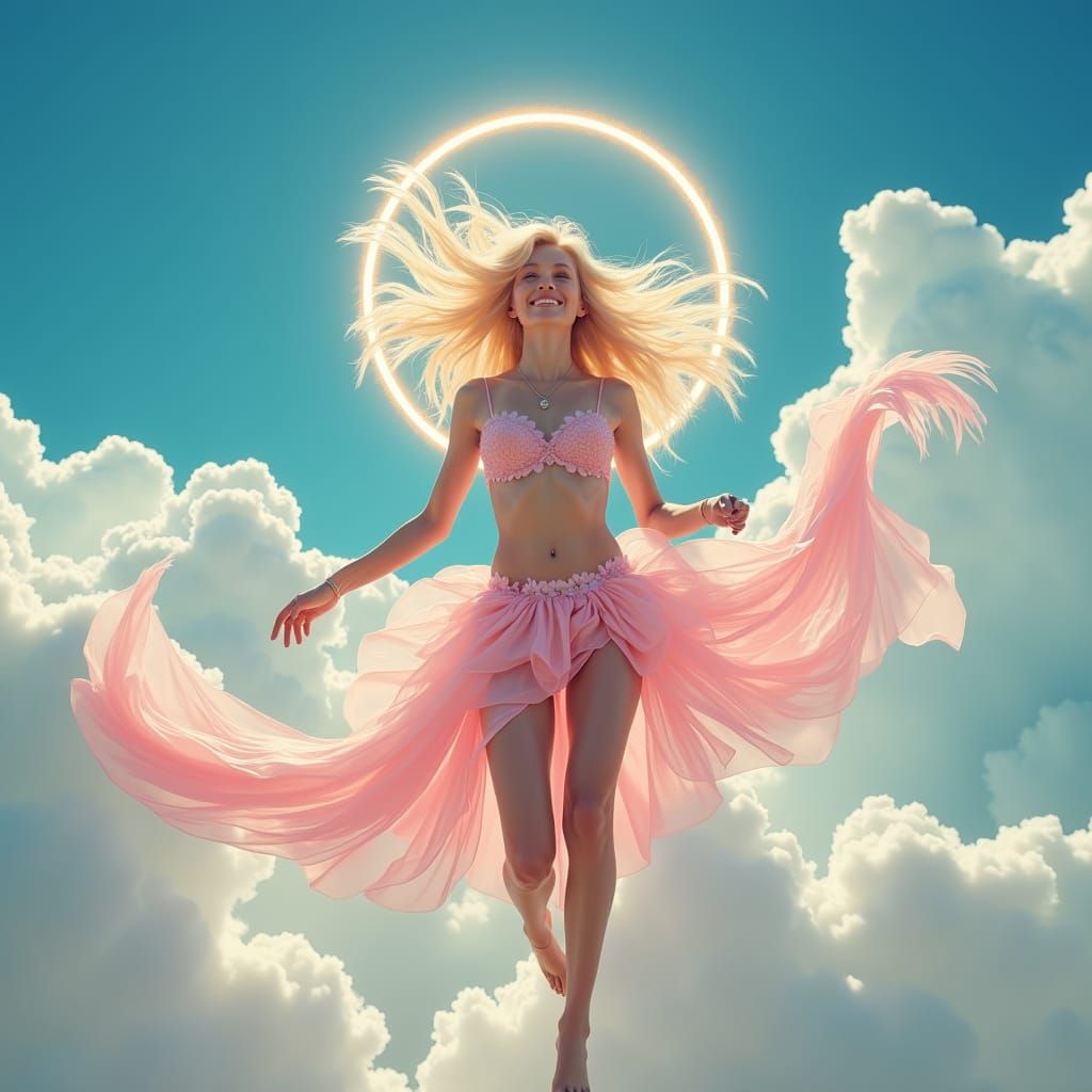 Woman and Dolphin Floating in Azure Sky, Futuristic Style