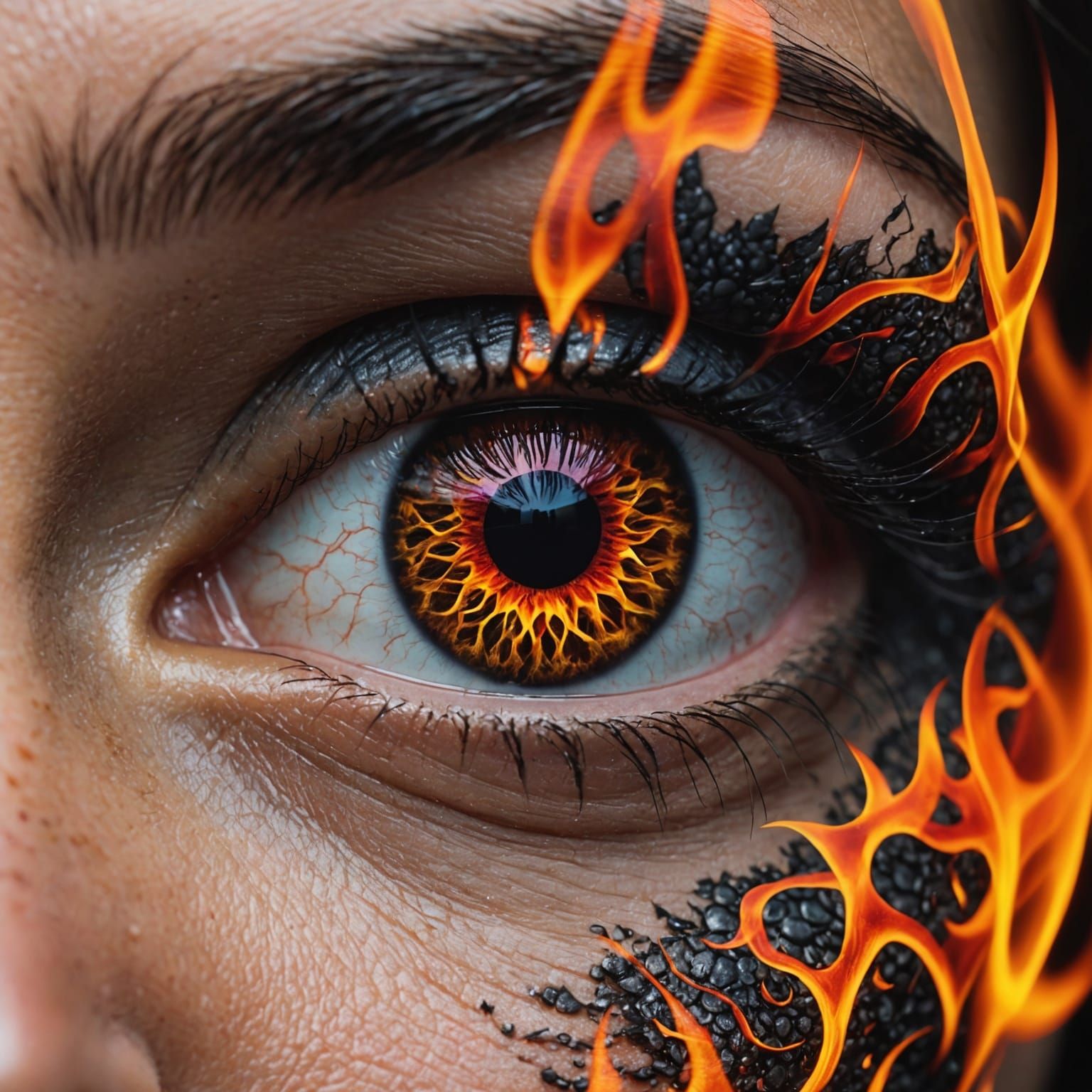 "zavy-drkcnmtc, long shot scenic professional photograph of An extreme close-up of a woman eye, showing intricate scales...