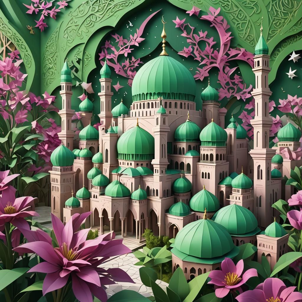 Eid Al-Fitri Masjid Card in Anime Origami Style