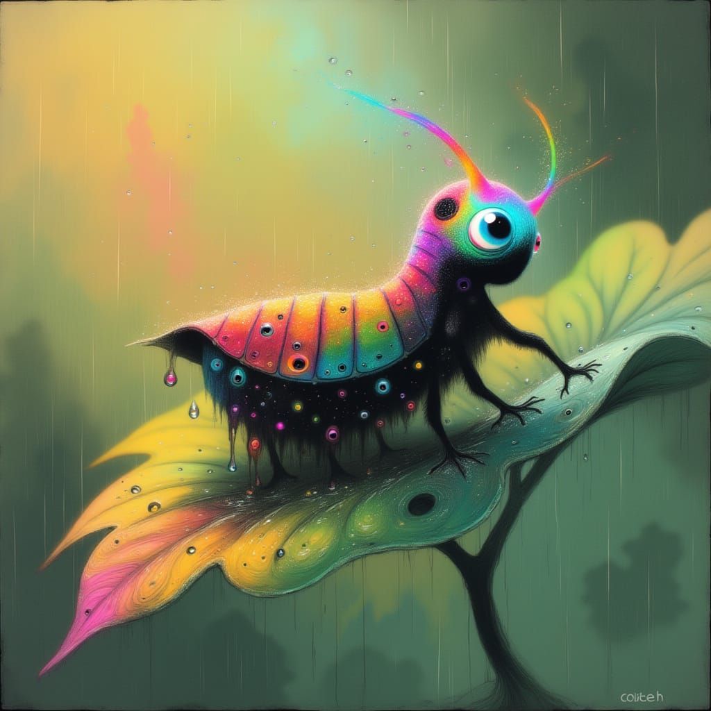 Bioluminescent Inchworm in Rainbow Watercolor Art