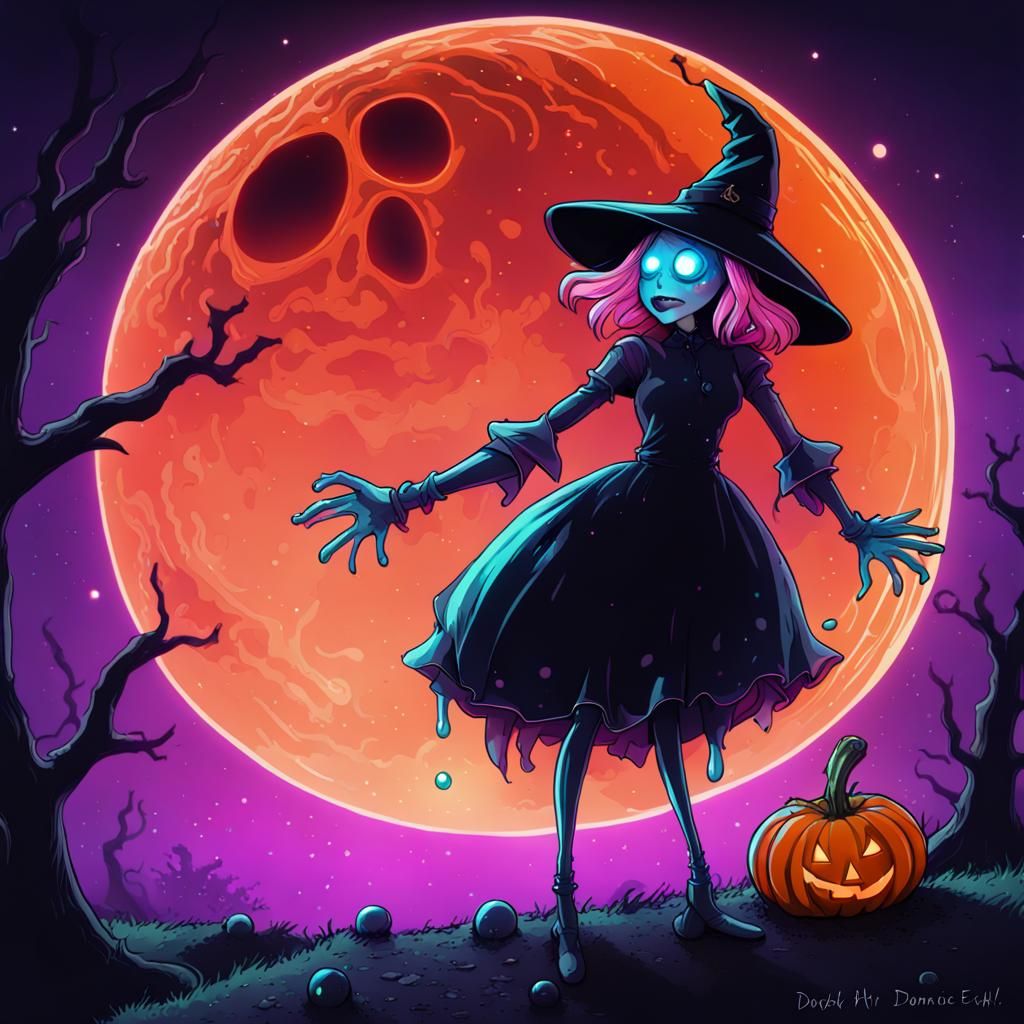 Creepy Raspberry with Orange Moon in Glitterpunk Style