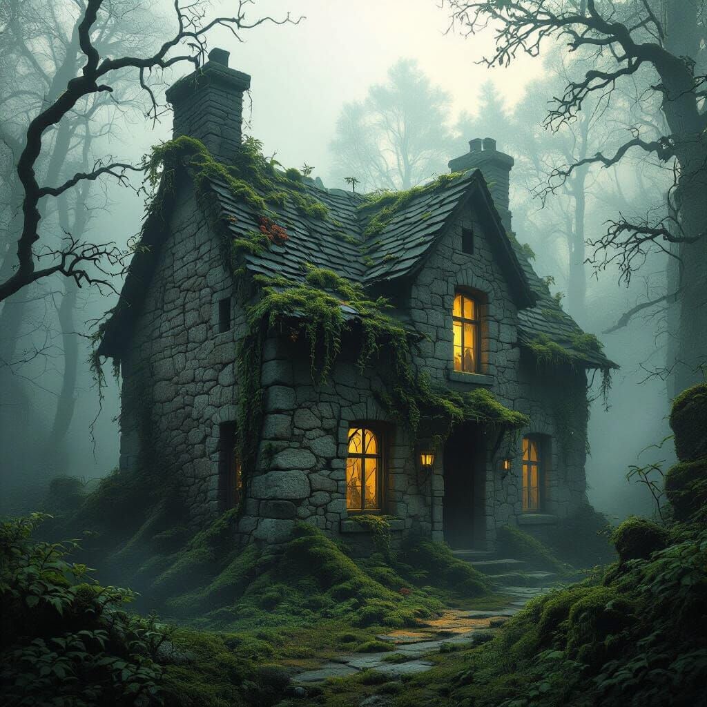 Mysterious Forest House in Eerie Golden Hour Light