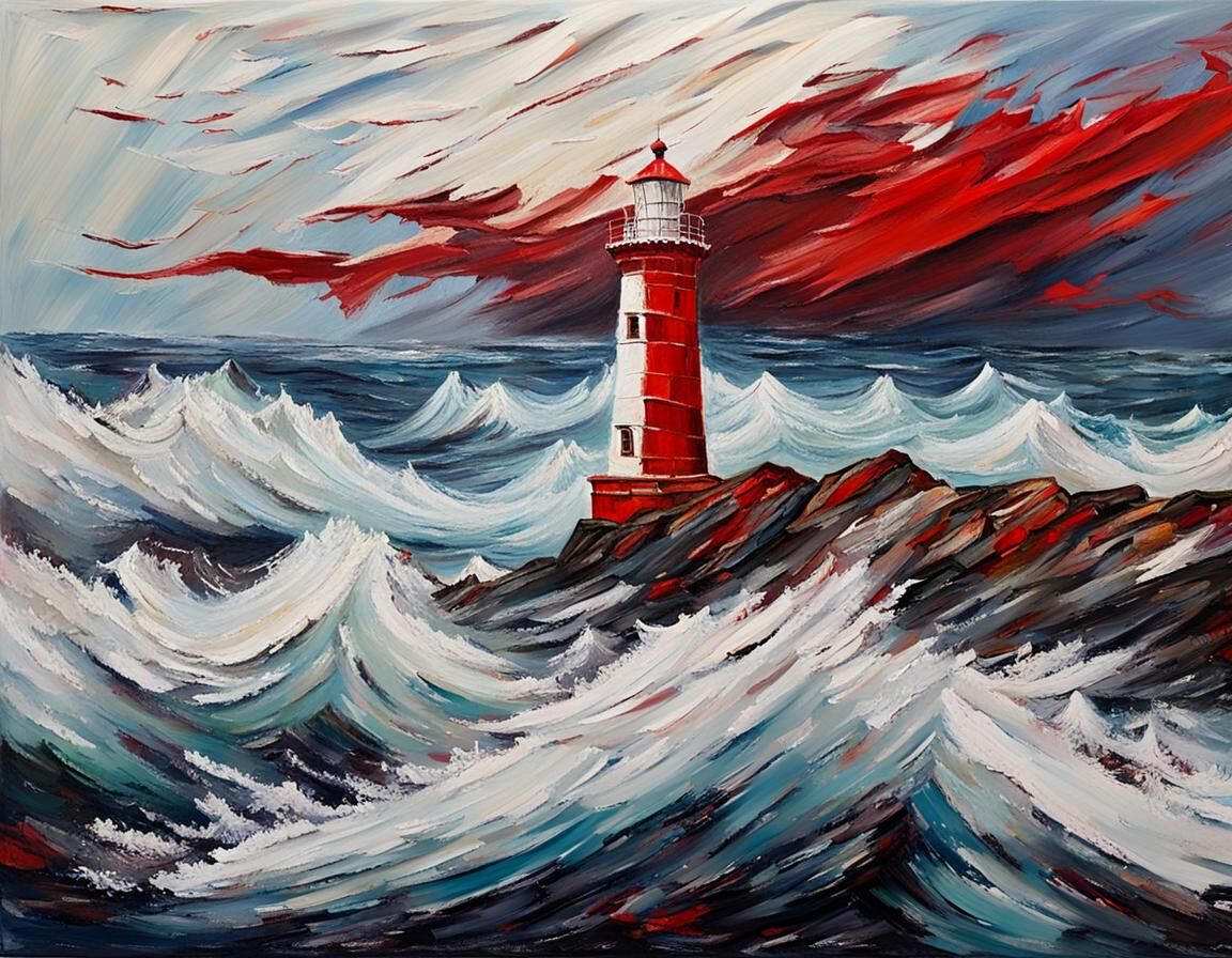 Lighthouse in Impasto Acrylics Against Raging Sea