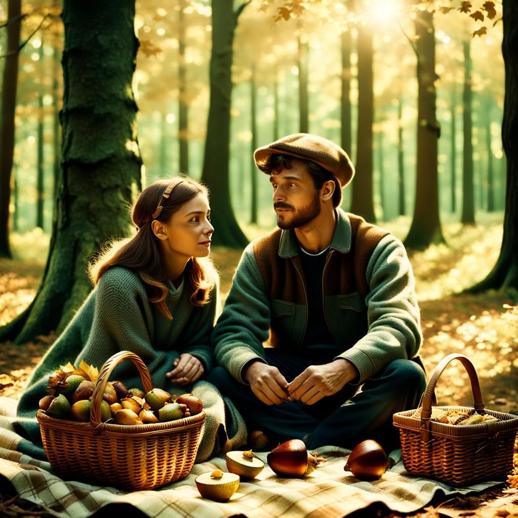 Acorn Couple's Forest Picnic: A Cinematic Still