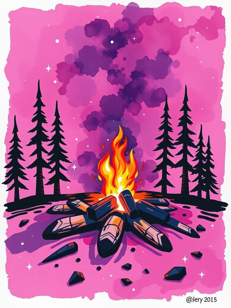 Mauve Inkblot Campfire Scene