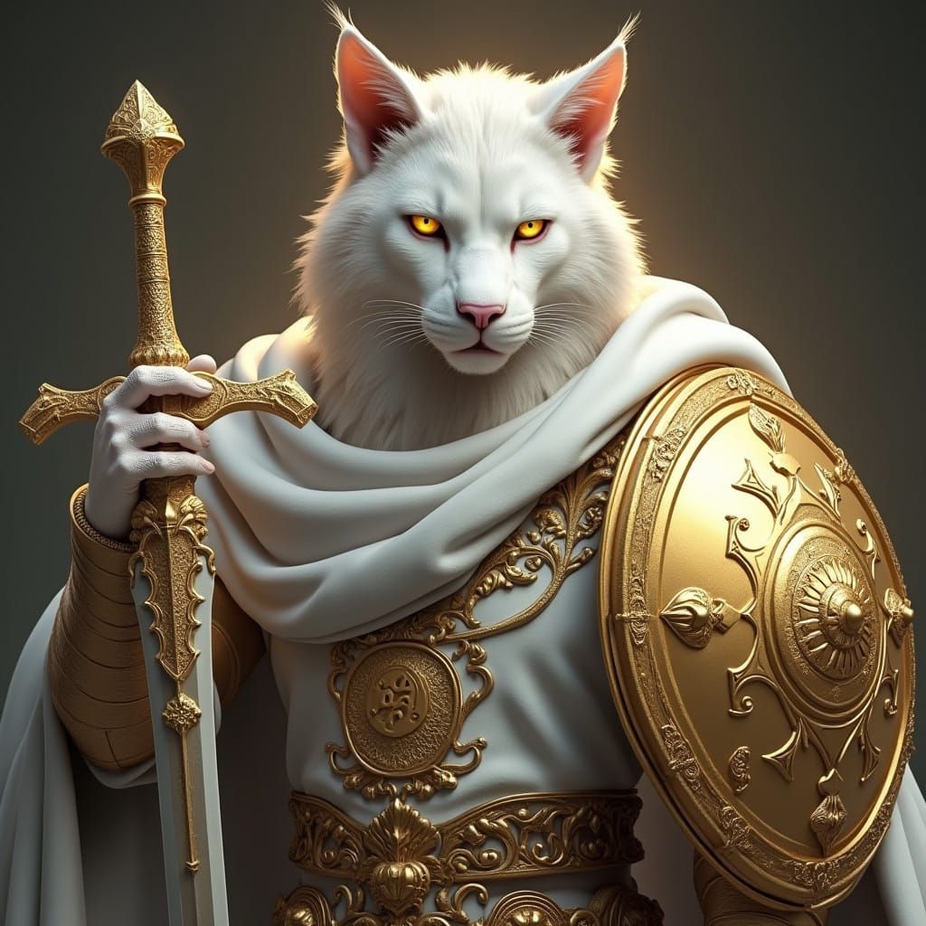 Regal Leonin Warrior in White Holy Attire with Golden Shield...