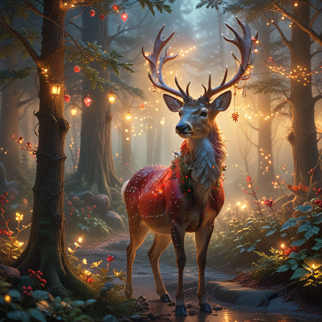 Ethereal Santa Claus Deer in Misty Christmas Forest