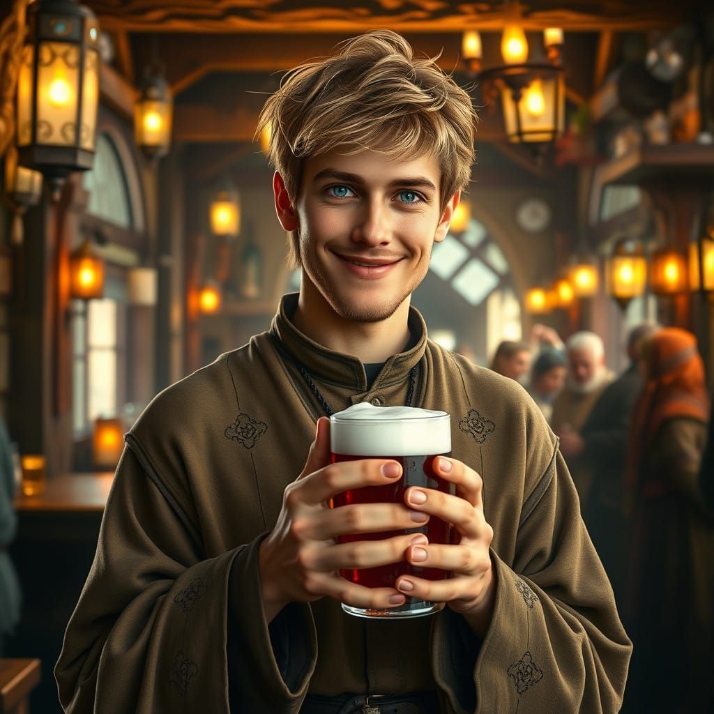Vibrant Fantasy Priest in a Bustling Tavern