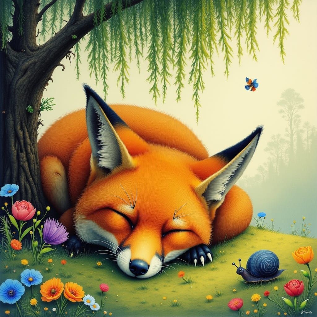 Sleepy fox under a willow