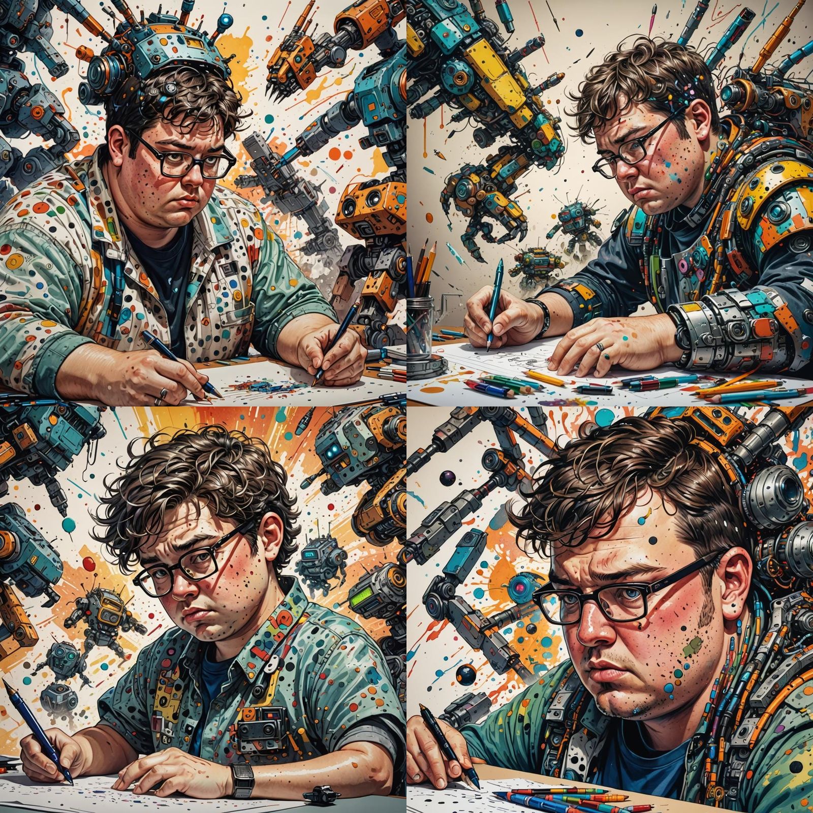 Hyperrealistic Nerd Overlooking Robots Drawing