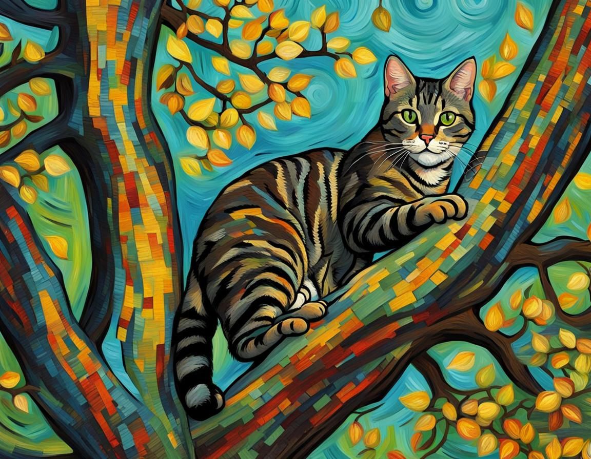 Tabby Cat Climbing Tree, in Van Gogh Style