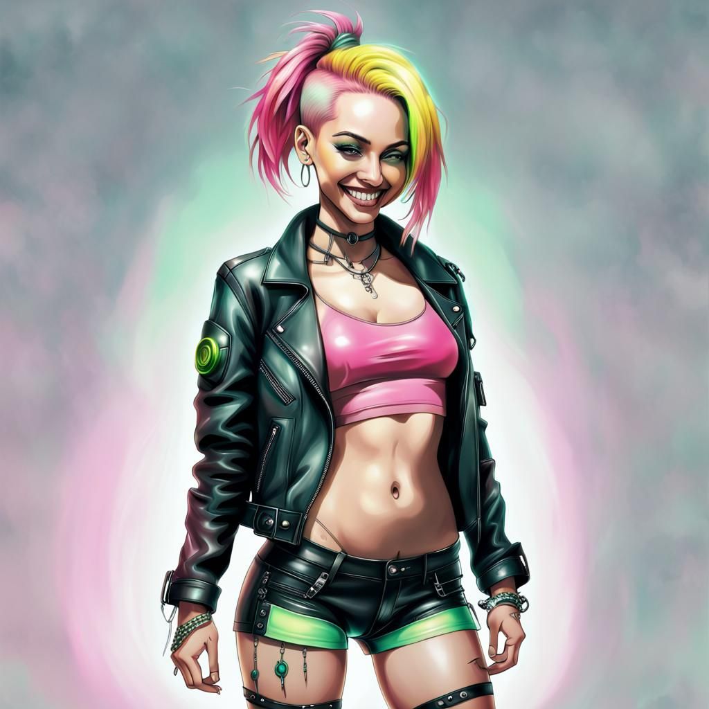 Cyberpunk Airbrush Illustration of a Smiling Woman