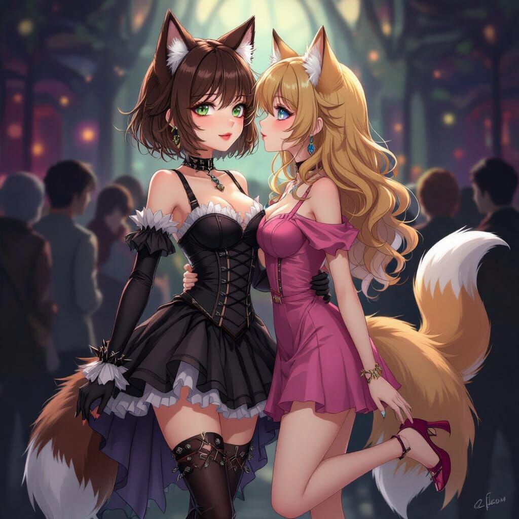 Anime Woman With Wolf Ears and Gothic Dress Kissing Friend