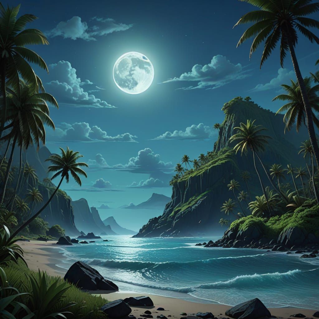 Luminous Hawaiian Moonlit Oasis in Detailed Matte Painting S...