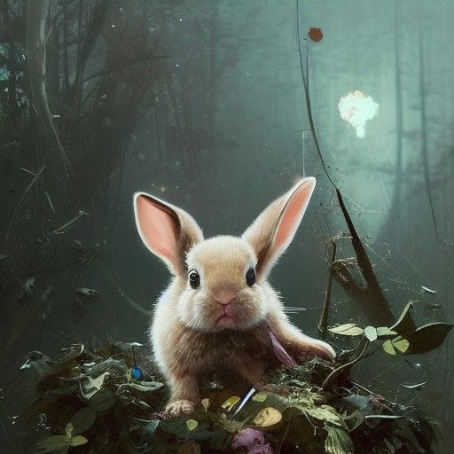 Sparkly-Eyed Baby Rabbit Portrait, Detailed Digital Art