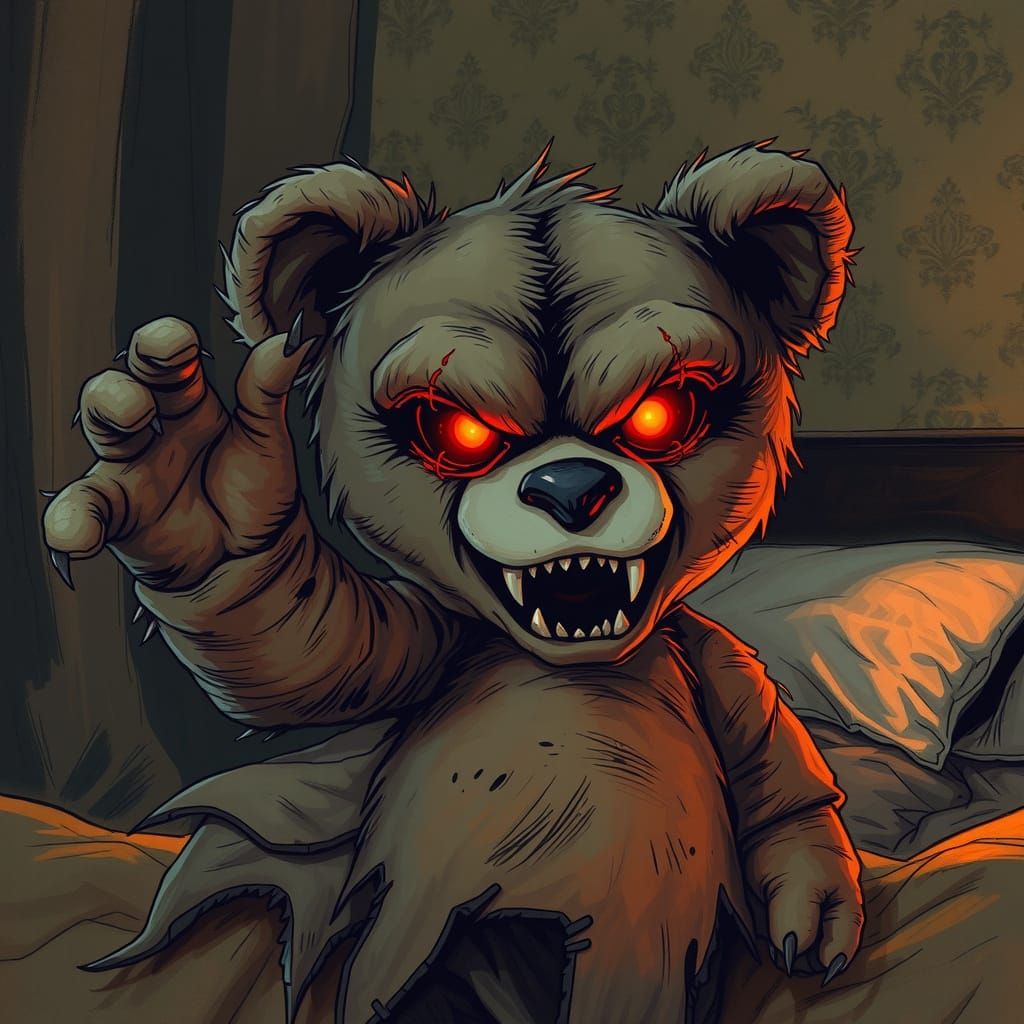 Sinister Teddy Bear with Ember Eyes in Gothic Horror Style