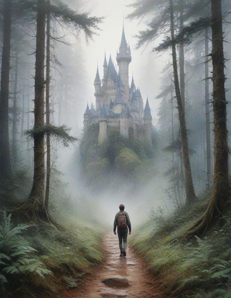 Misty Fairytale Castle Path in Foggy Forest