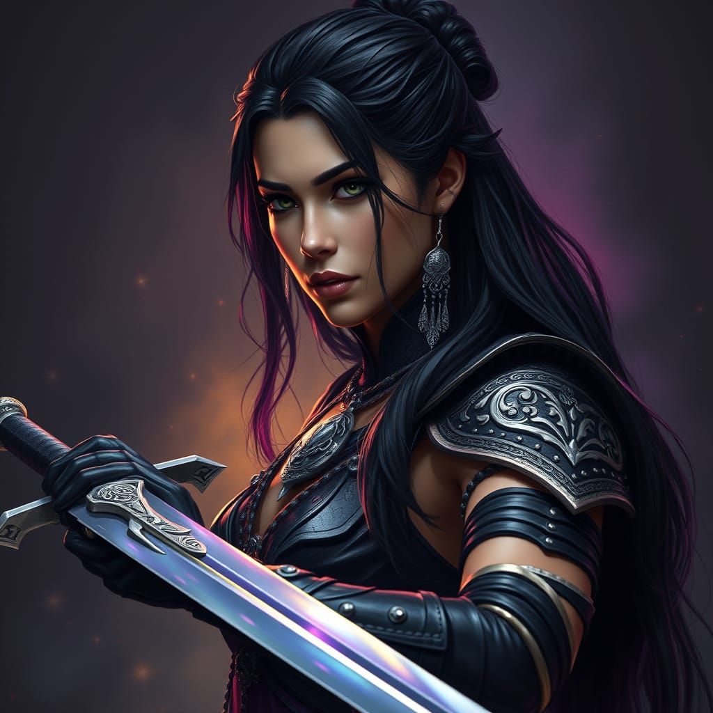 Elegant Shadar-Kai Warrior in Black Leather Armor with Silve...