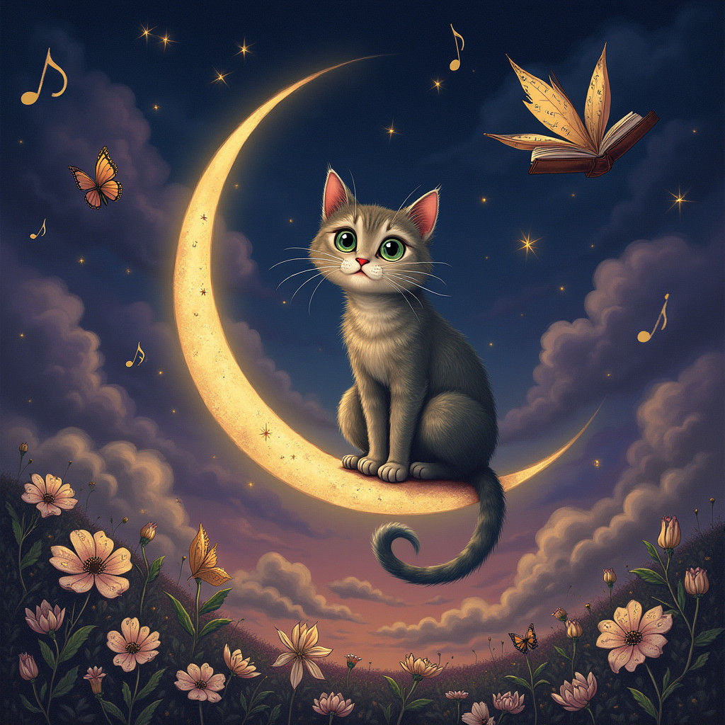 Enchanted Feline on Crescent Moon Dreamscape