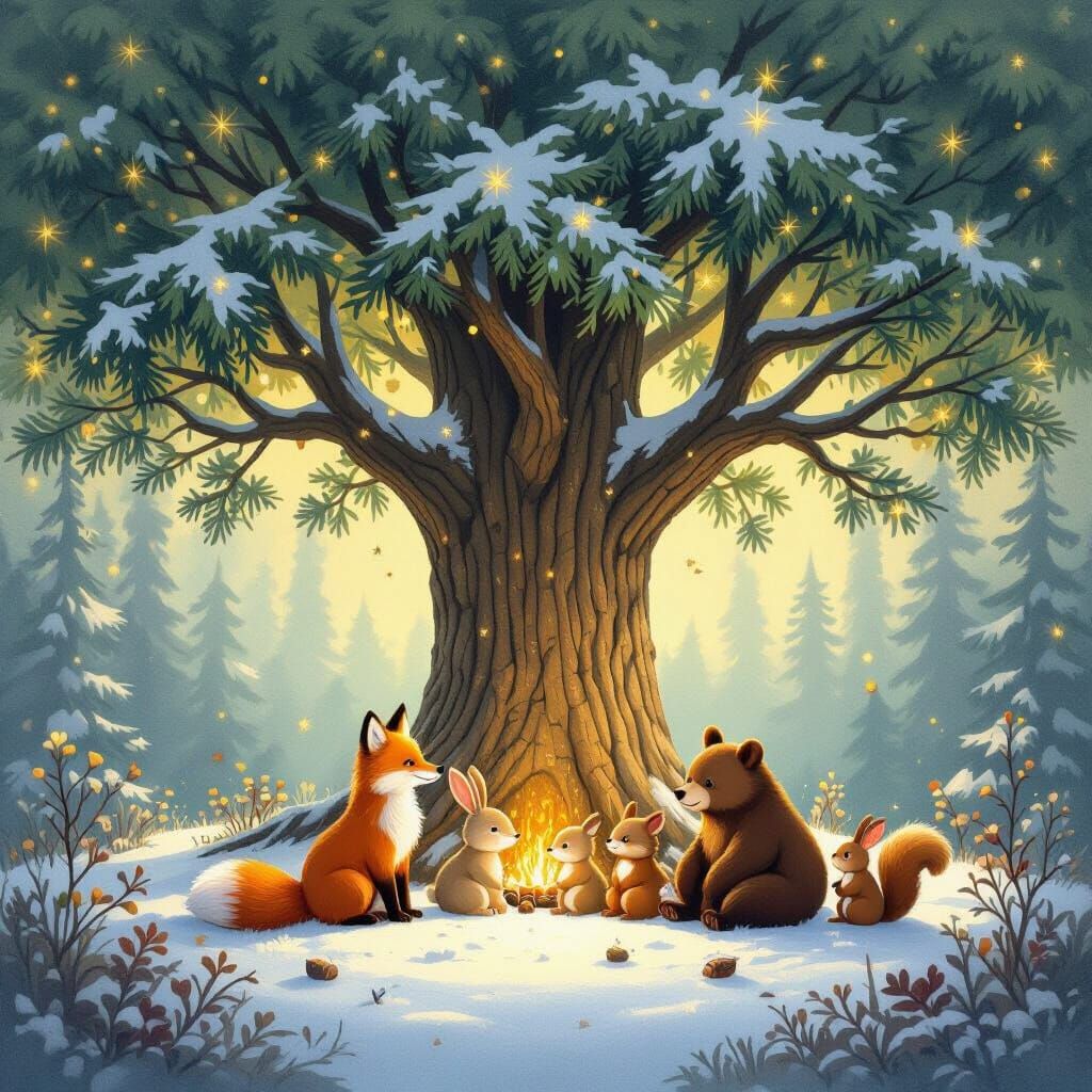 Cozy Winter Forest Gathering with Woodland Creatures