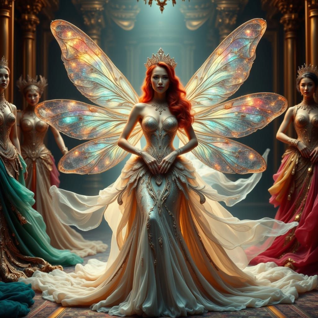 Red-Haired Princess in Shimmering Glass Gown at Baroque Cour...