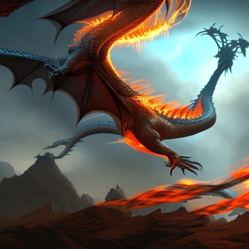 Fantastical Dragon Breathing Fire: Detailed Matte Painting