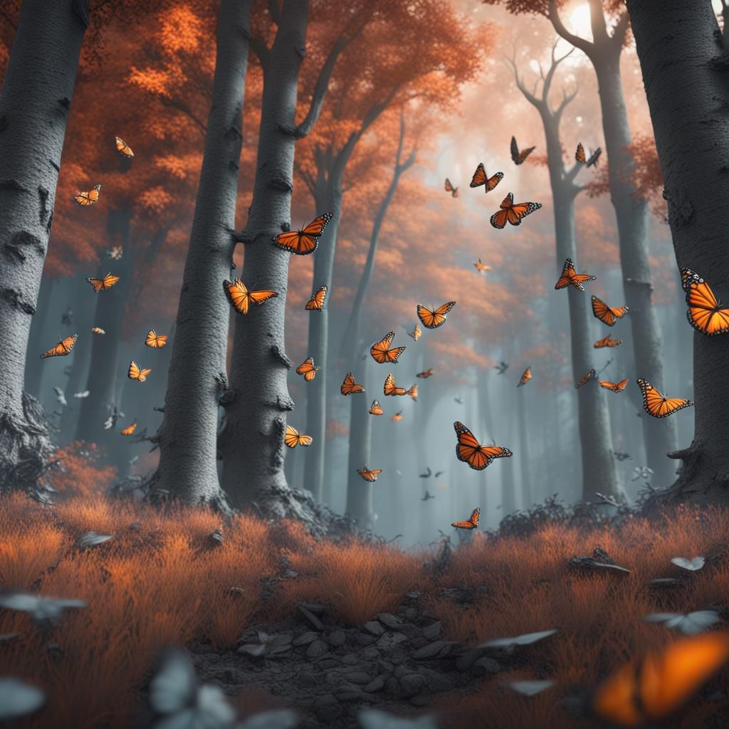 Monarch Butterflies in Grayscale Forest: Fantasy Art