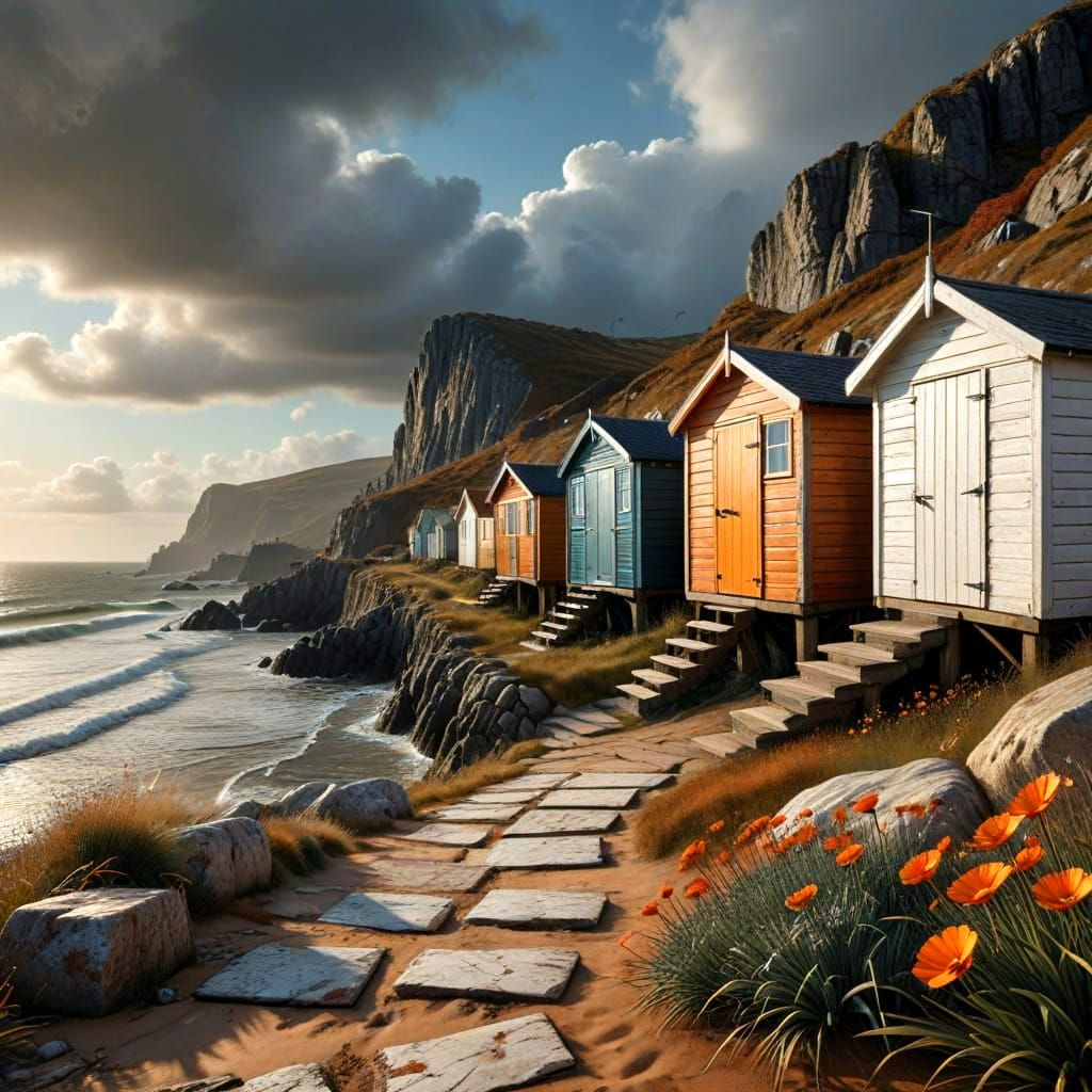 Rustic Beach Huts in Autumn Village Scene