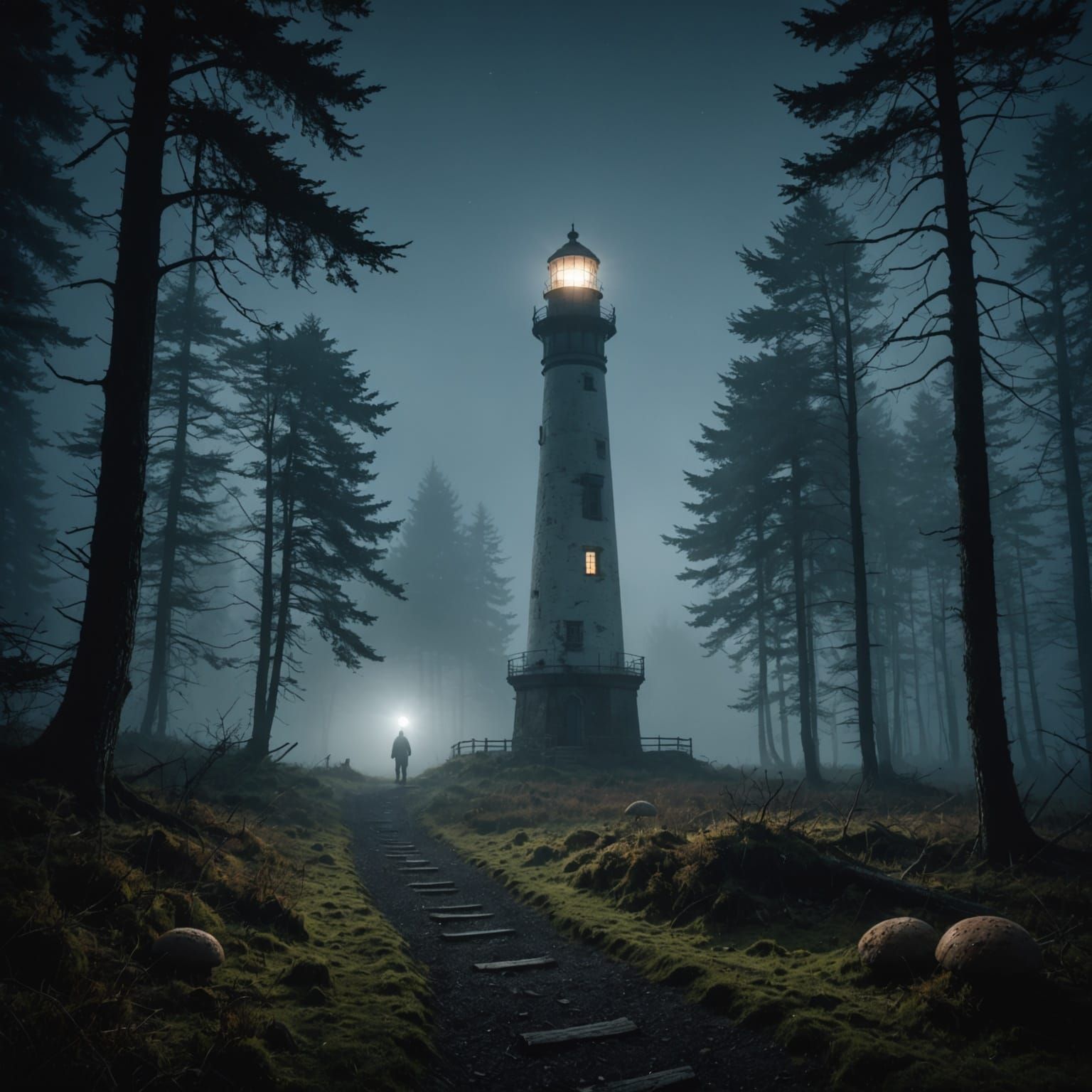 Misty Forest Lighthouse Illuminates a Dark Path