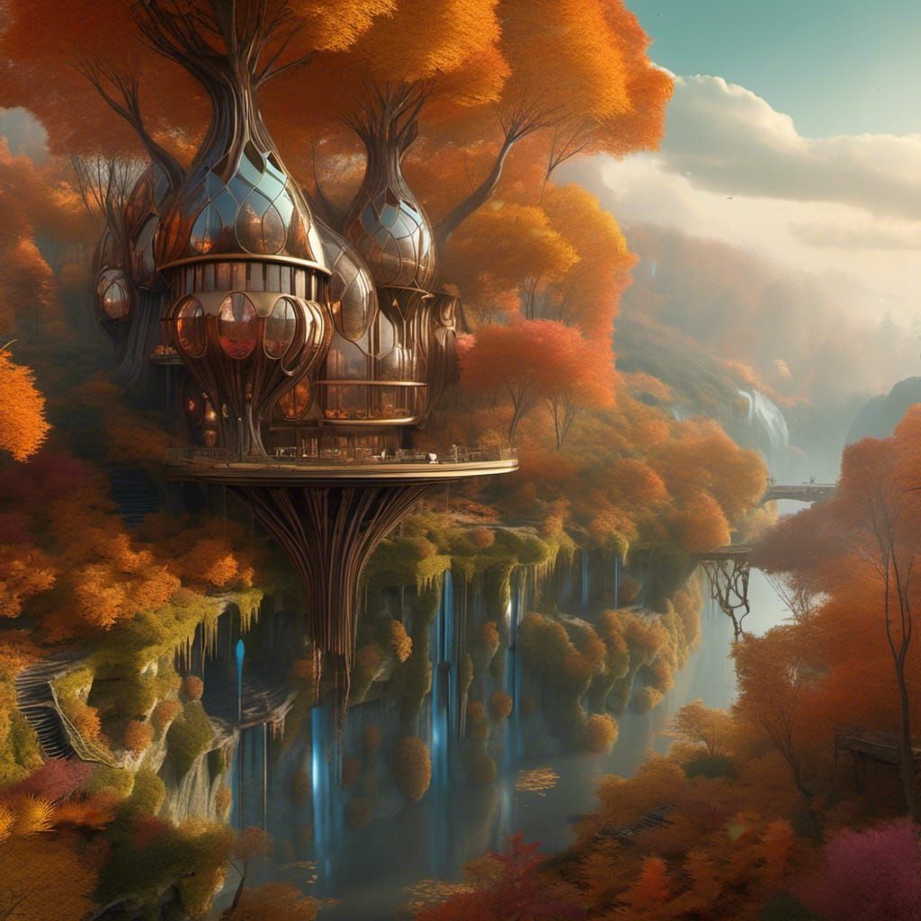 Solarpunk Home in Autumn Forest, Surreal Style