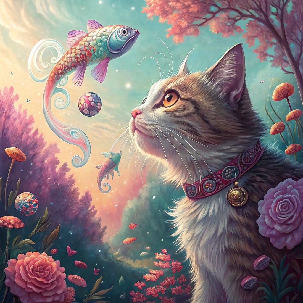 Majestic Feline Discovers Whimsical, Iridescent Fish in a Fa...