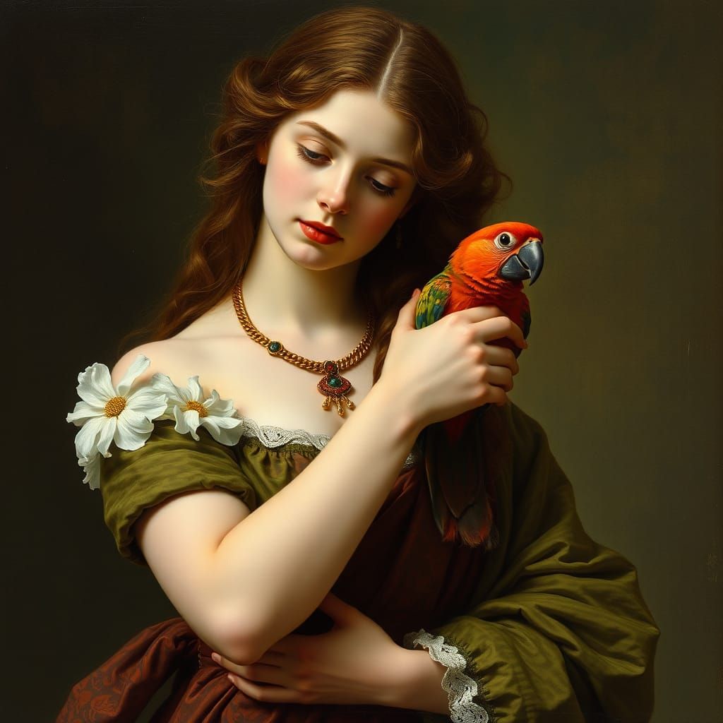 Pre-Raphaelite Woman with Parrot Portrait
