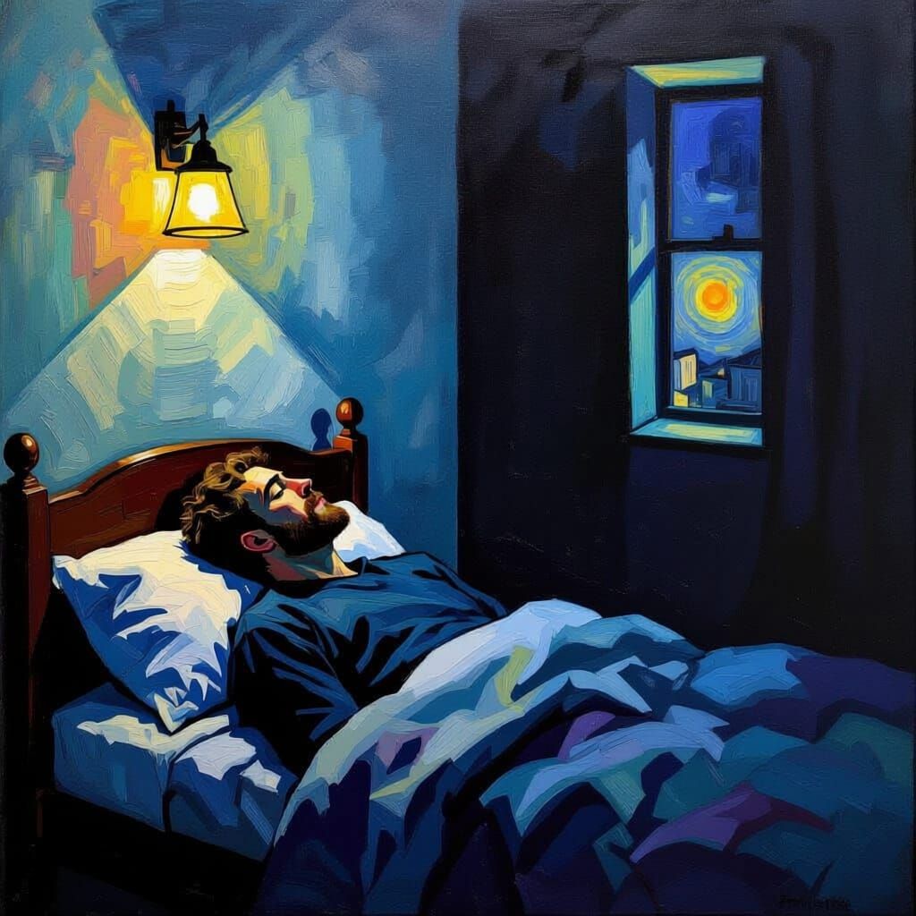 Melancholy Man in Bed, Neo-Impressionist Oil Painting