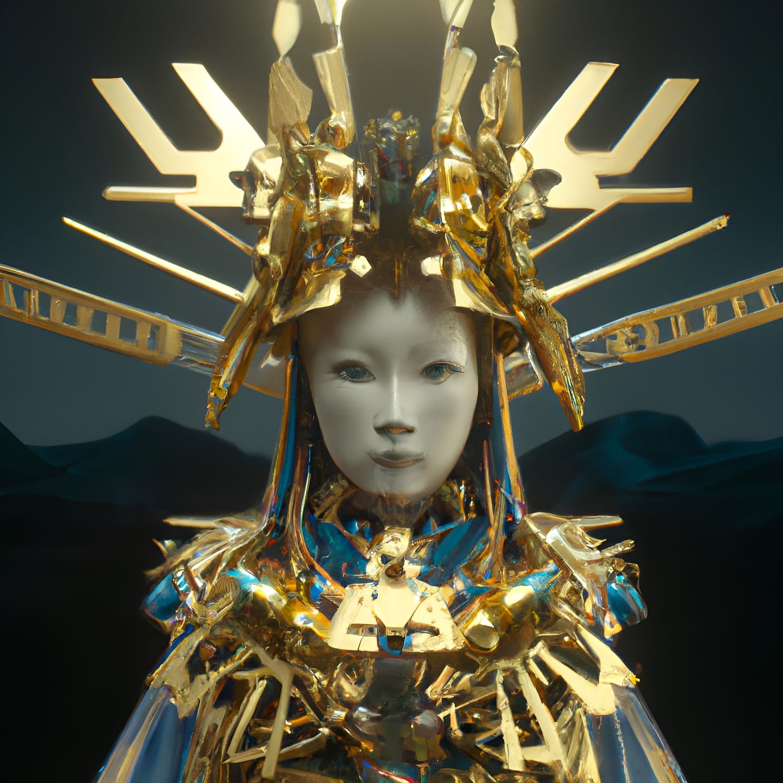 Robotic Miko in Ancient Japanese Art Style