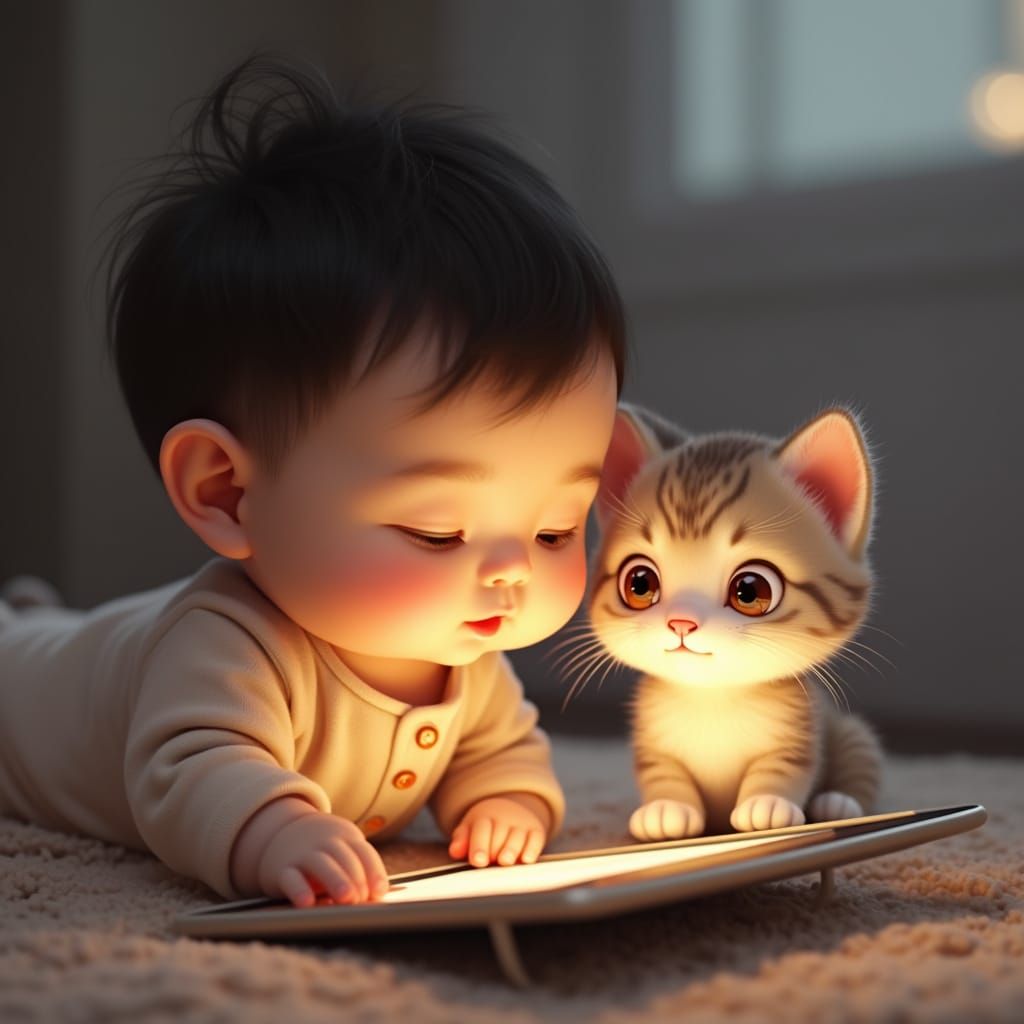 Cozy 3D Rendering of Adorable Baby and Curious Kitten