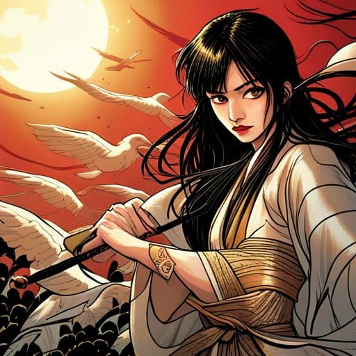 Japanese Woman in Gold Kimono with Katana